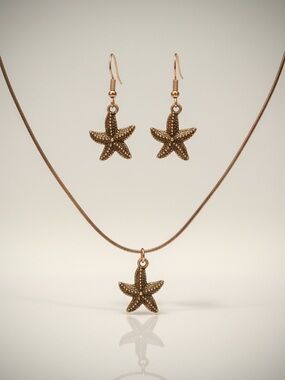 Handcrafted orange brown copper starfish earrings‎ & leather necklace set